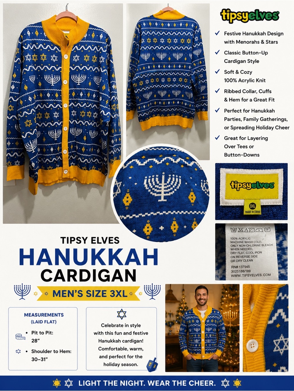 Tipsy Elves Blue and Gold Hanukkah Cardigan Sweater